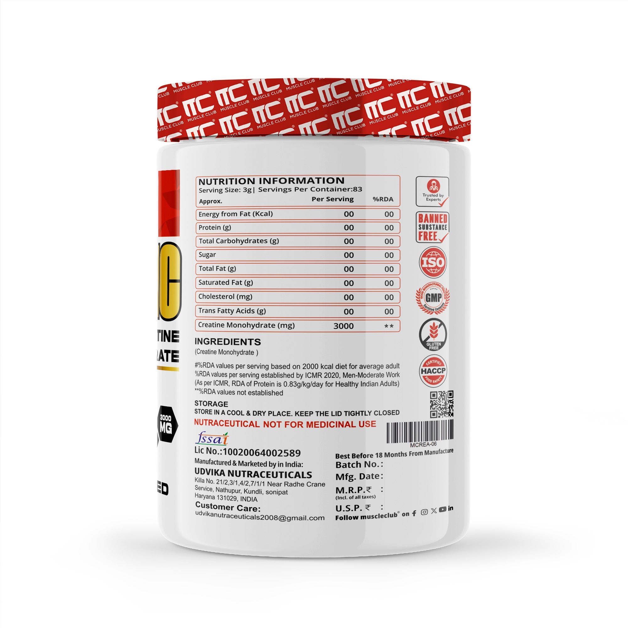 Muscle Club Creat-MC Micronized Creatine Powder for Supports Muscle Recovery, Strength Gains, and Lean Muscle Mass, 250g, 83 Servings - Muscle Club