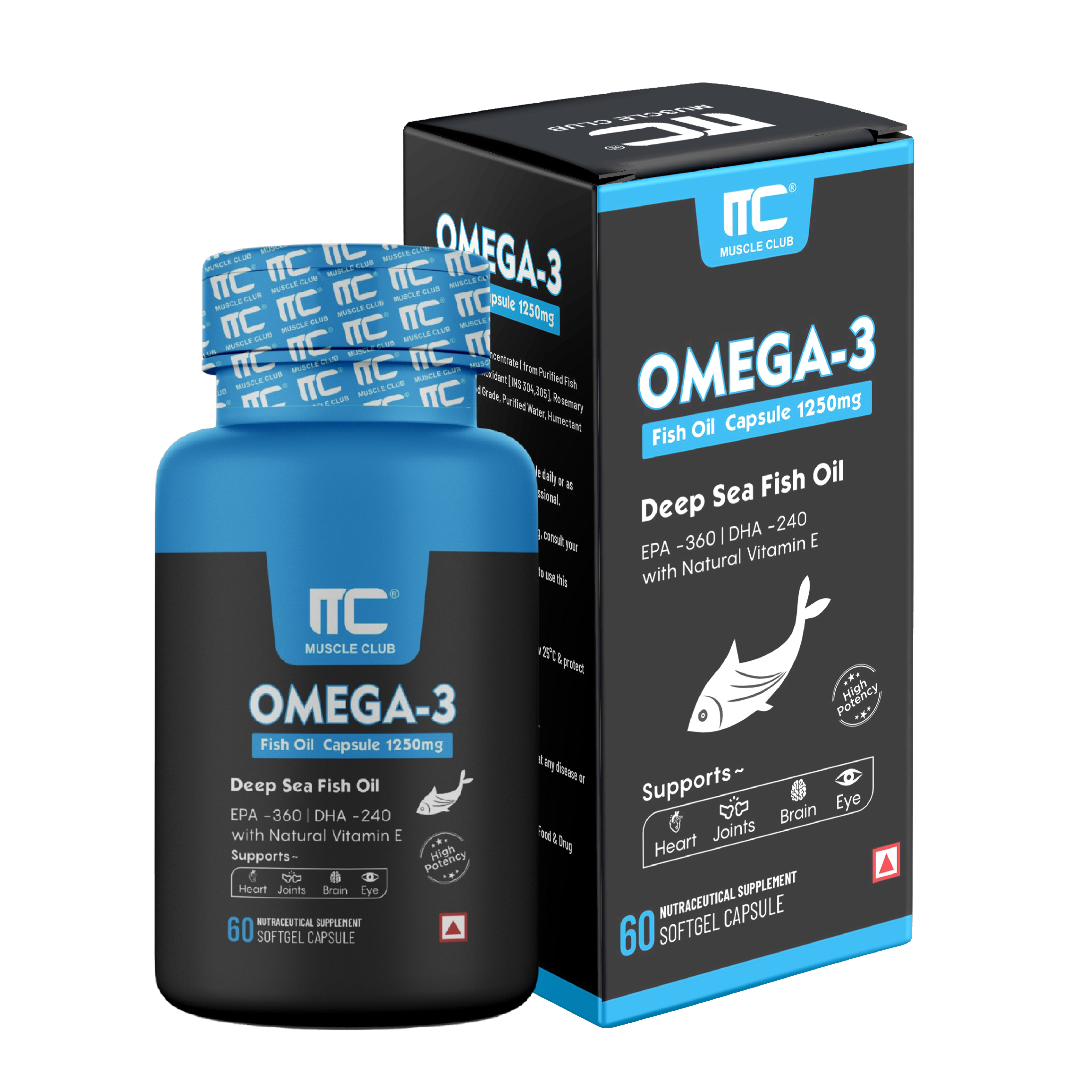 Muscle Club Omega-3 Fish Oil Capsules with Vitamin E 1250mg - Deep Sea Fish Oil with EPA 360mg & DHA 240mg, Natural Vitamin E, High Potency, 60 Softgels