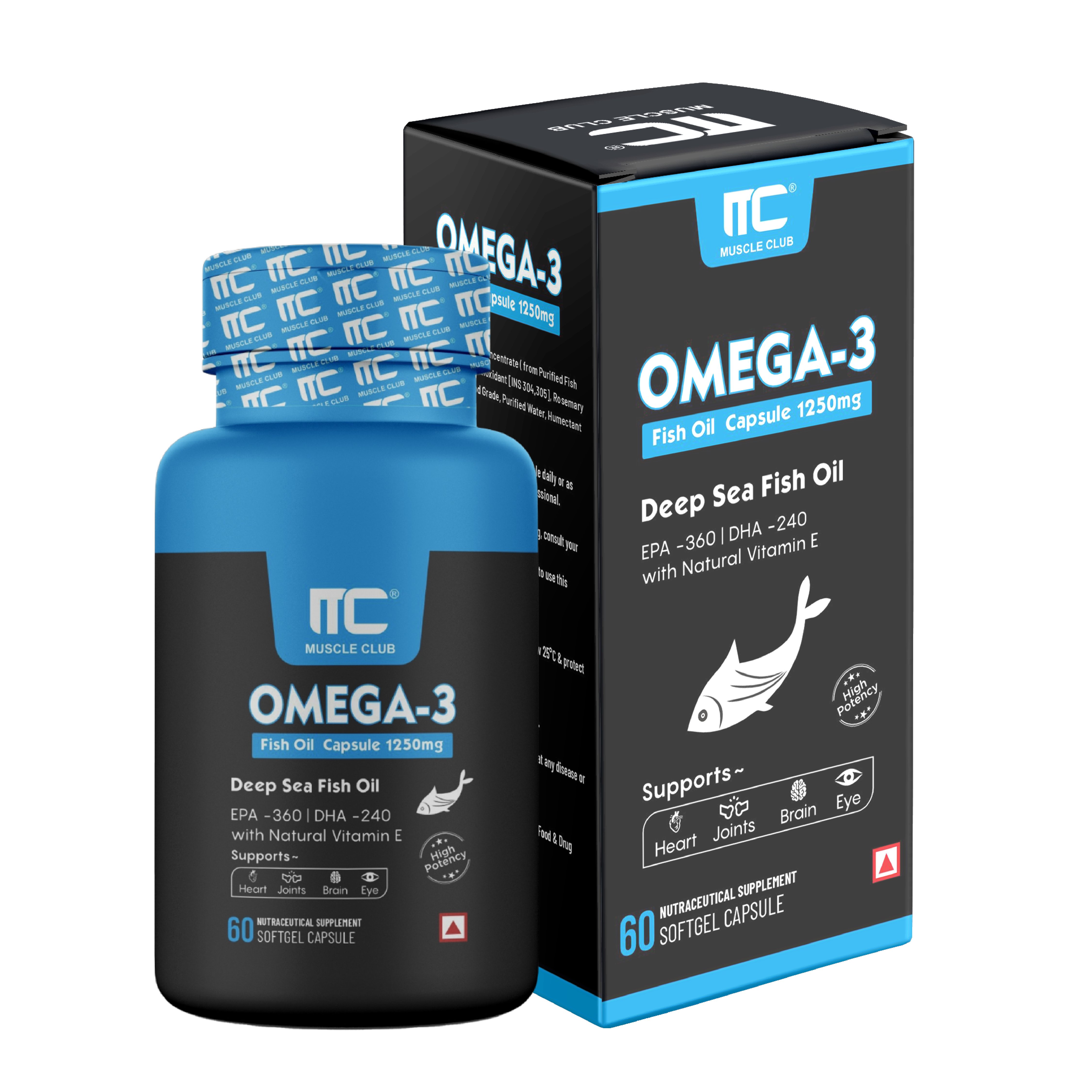 Muscle Club Omega-3 Fish Oil Capsules with Vitamin E 1250mg - Deep Sea Fish Oil with EPA 360mg & DHA 240mg, Natural Vitamin E, High Potency, 60 Softgels