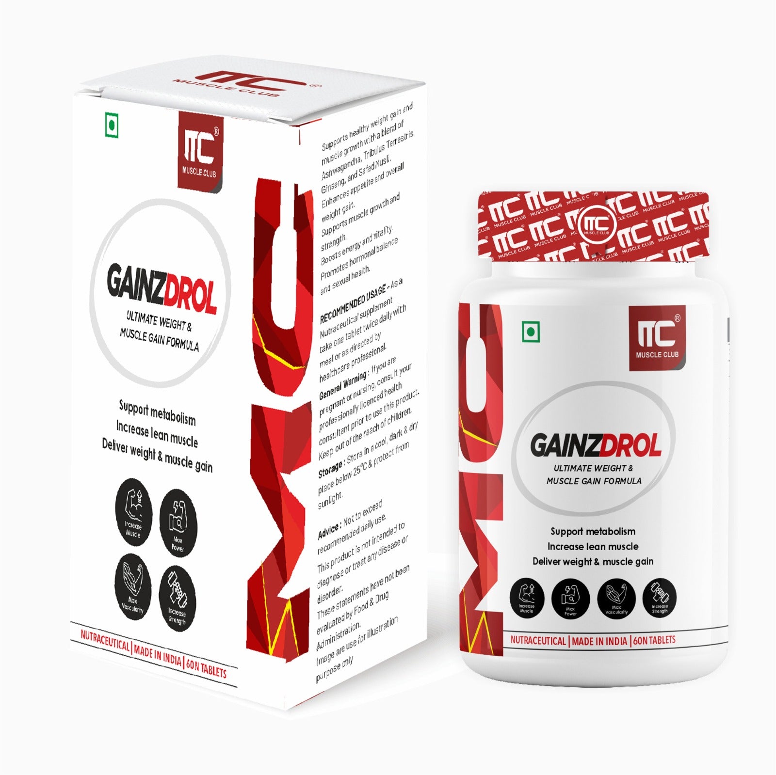 Muscle Club GAINZDROL - Ultimate Weight & Muscle Gainer Tablets with Ashwagandha & Tribulus | Supports Metabolism & Appetite | 60 Tablets