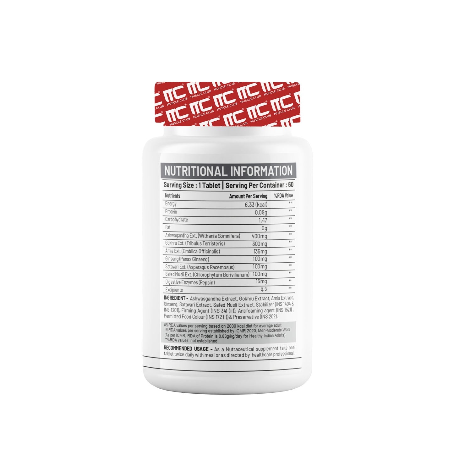 Muscle Club GAINZDROL - Ultimate Weight & Muscle Gainer Tablets with Ashwagandha & Tribulus | Supports Metabolism & Appetite | 60 Tablets