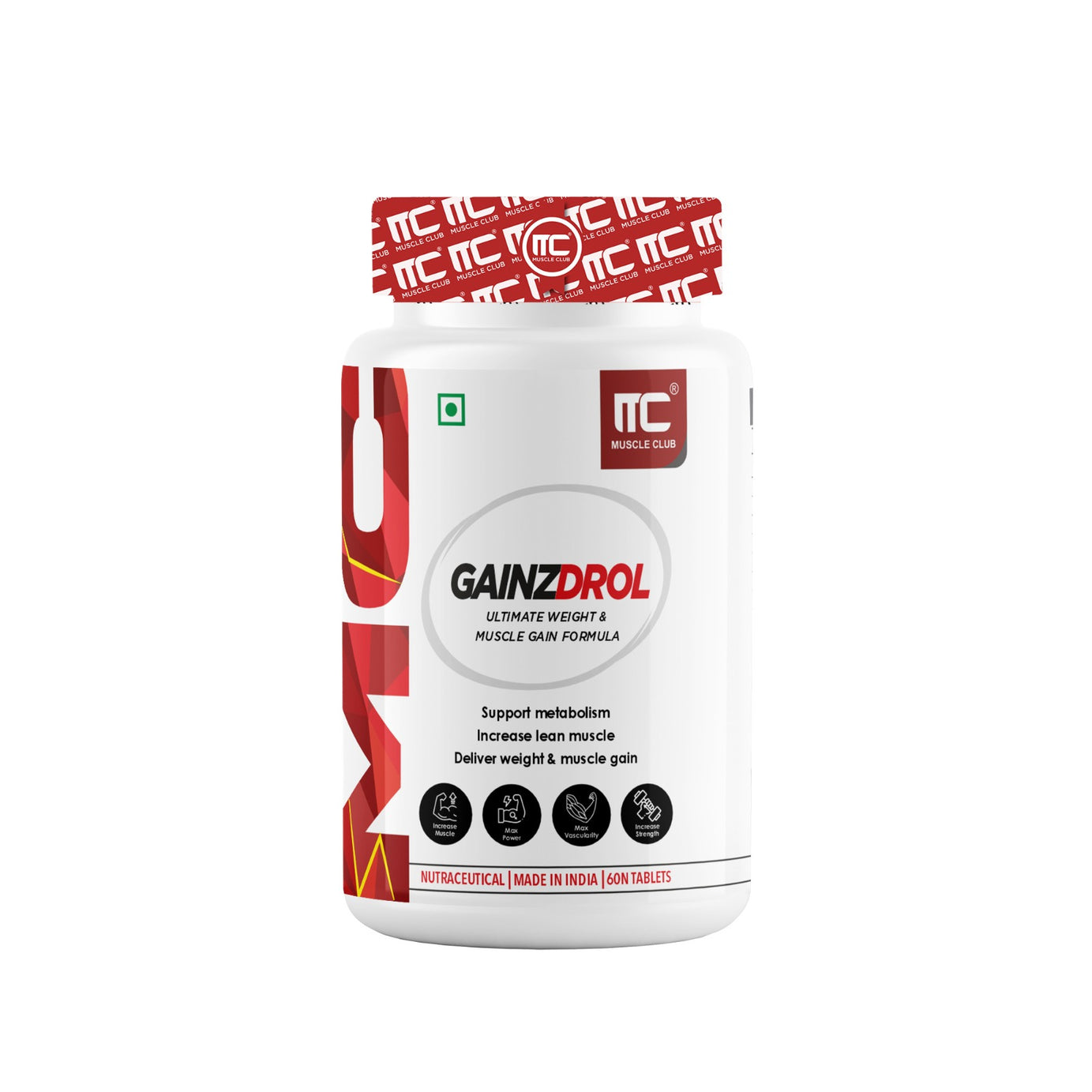 Muscle Club GAINZDROL - Ultimate Weight & Muscle Gainer Tablets with Ashwagandha & Tribulus | Supports Metabolism & Appetite | 60 Tablets