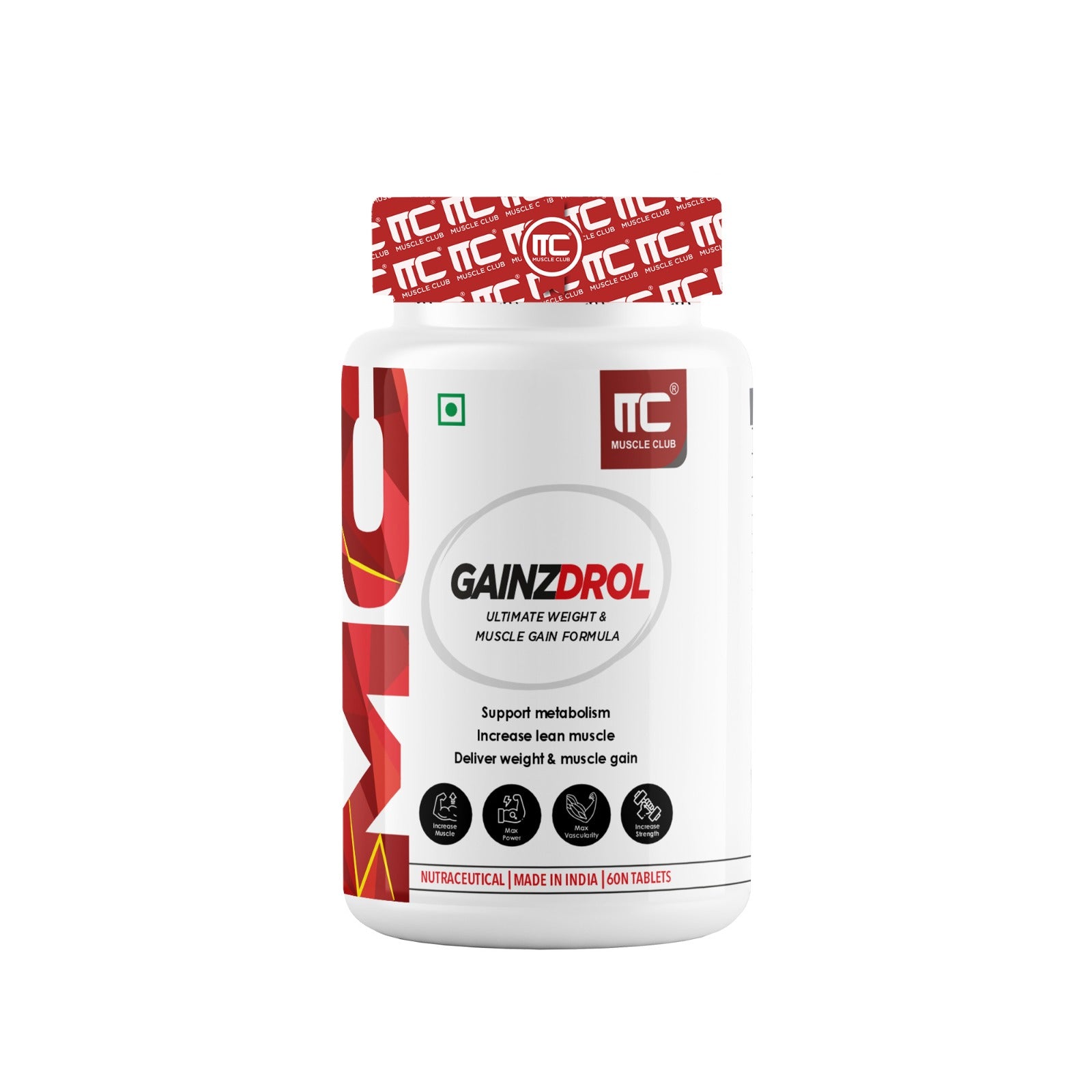 Muscle Club GAINZDROL - Ultimate Weight & Muscle Gainer Tablets with Ashwagandha & Tribulus | Supports Metabolism & Appetite | 60 Tablets
