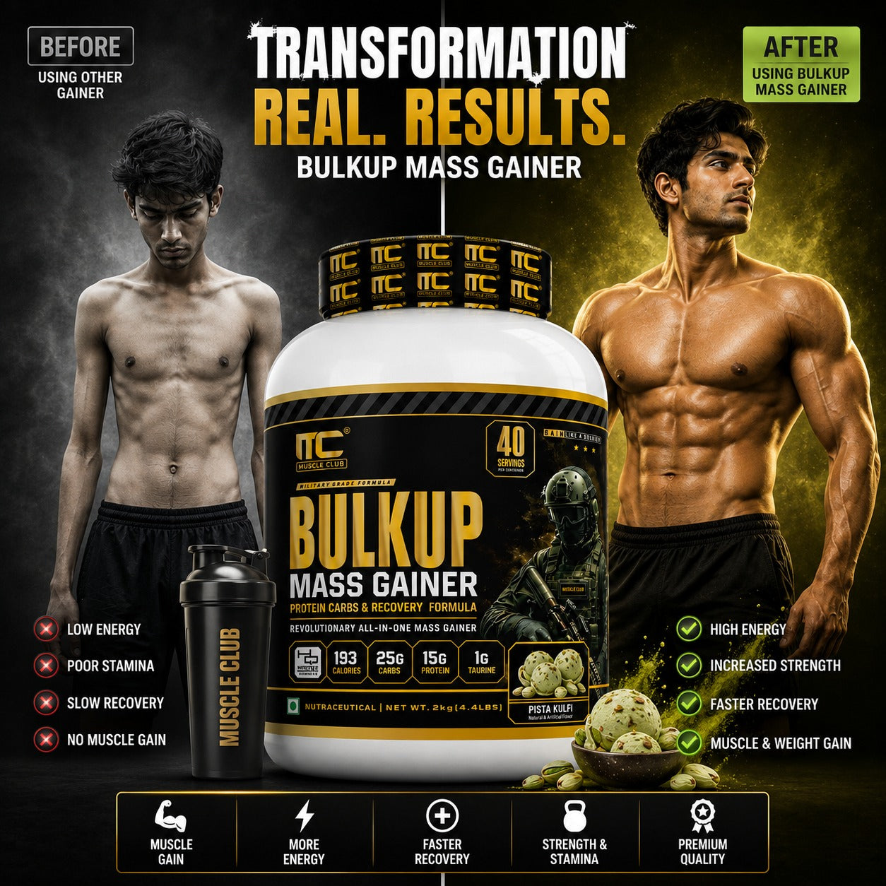 Muscle Club BulkUp Mass Gainer 2kg | 15g Protein, 25g Carbs & 1g Taurine