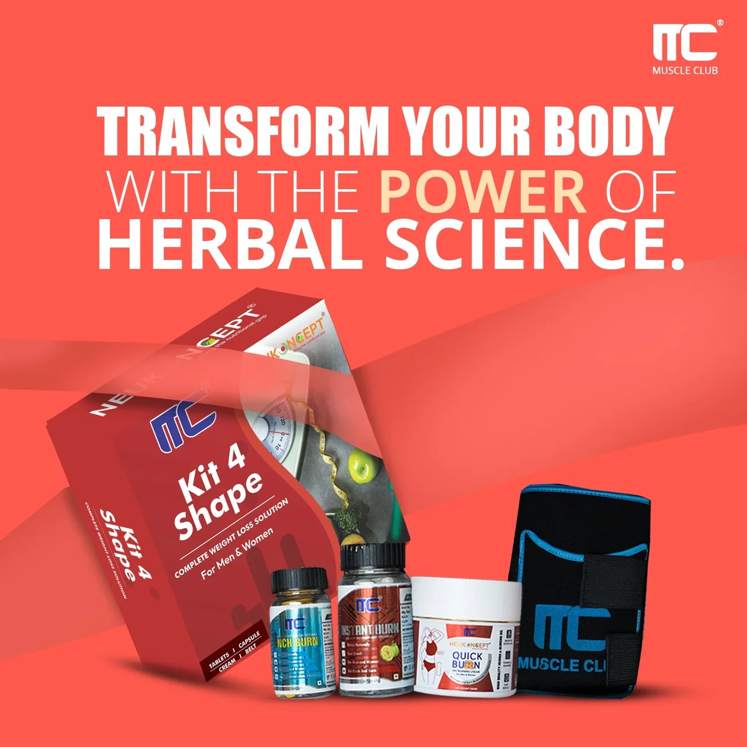 Muscle Club Kit 4 Shape with MC Instant Burn Cap, MC Burn Inches Tabs, Thermogenic Gel, and Sweating Belt - 30 Days Inch Burn Challenge - Muscle Club